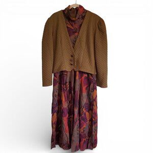 Vintage 80s Olive Green Floral A Line Cottagecore Maxi Dress Grandmacore